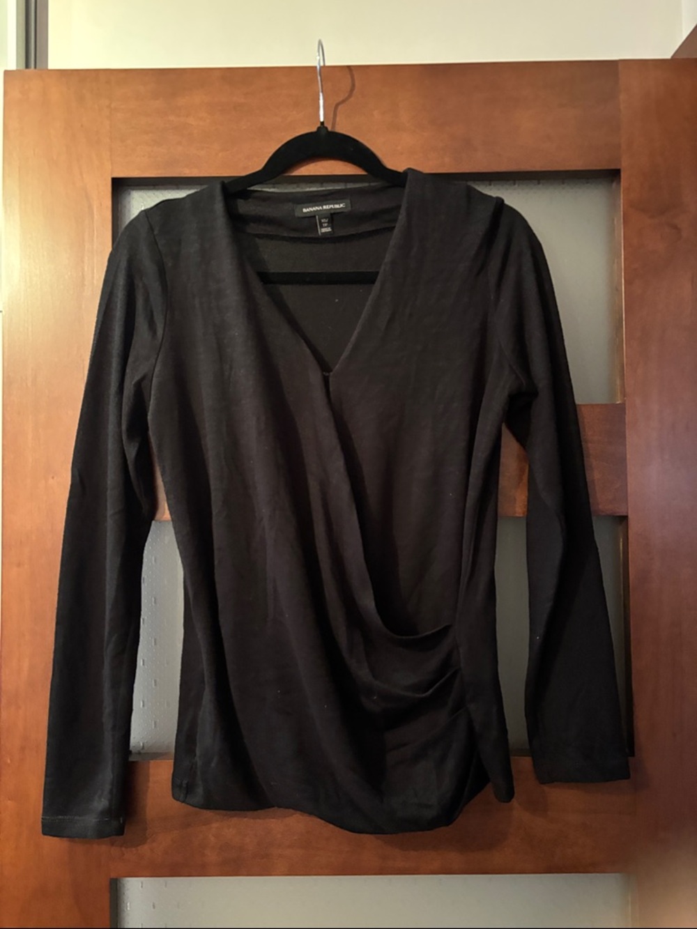 Banana Republic Black Draped Wrap-Front Long Sleeve Tee